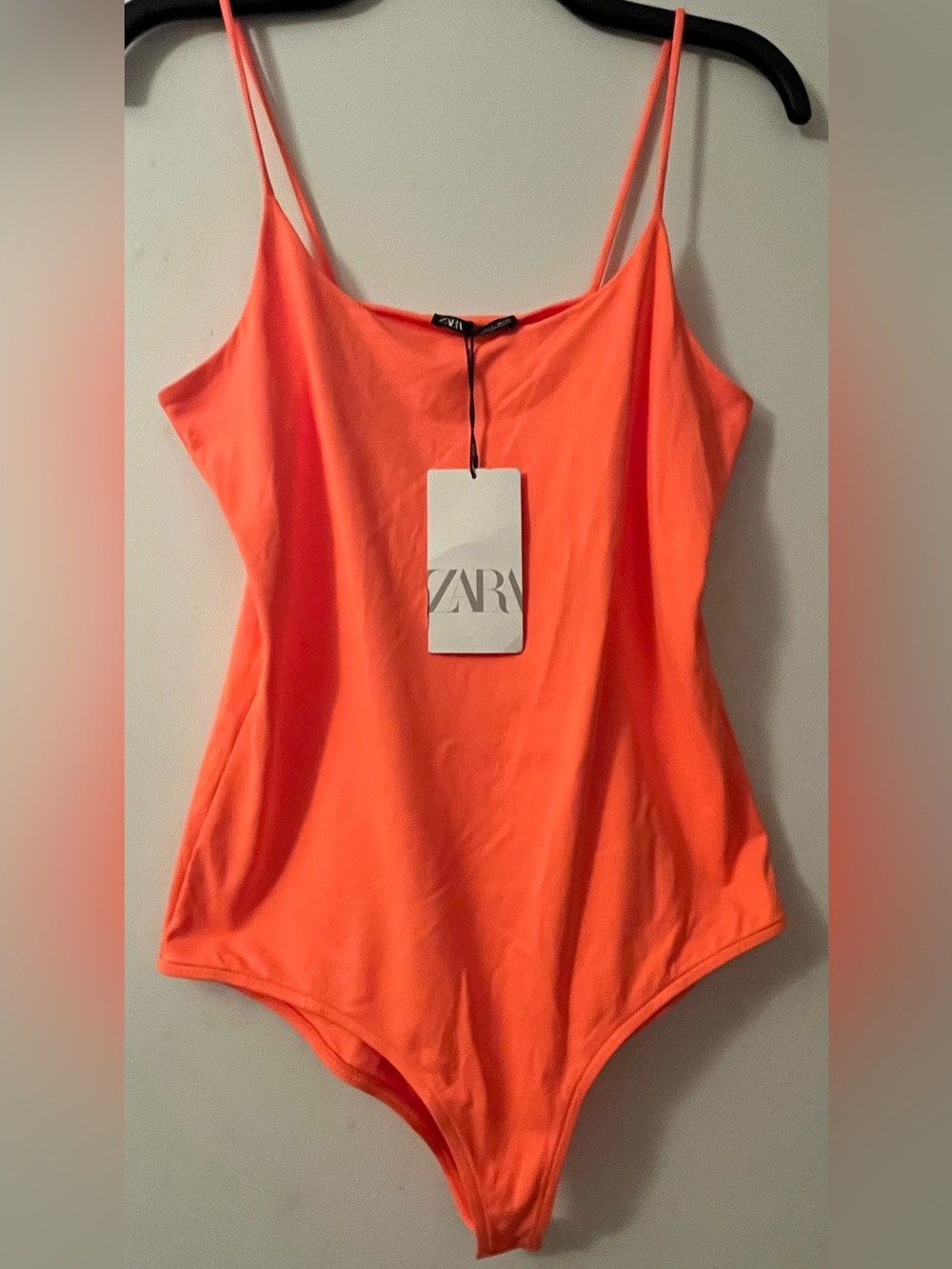 ZARA Neon Orange Bodysuit Large Spaghetti Strap High Cut One Piece